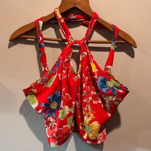 Sienna Sky Red Floral Halter Crop Top Key Peep Hole Summer Vacation Date Tank